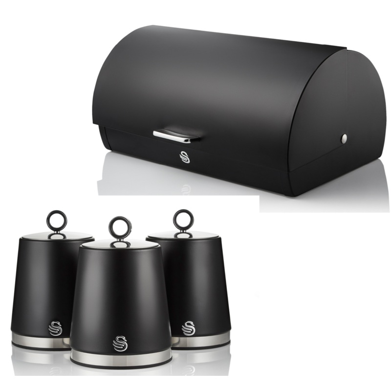 Swan Serenity Black Bread Bin & Tea Coffee Sugar Canisters Kitchen Storage Set