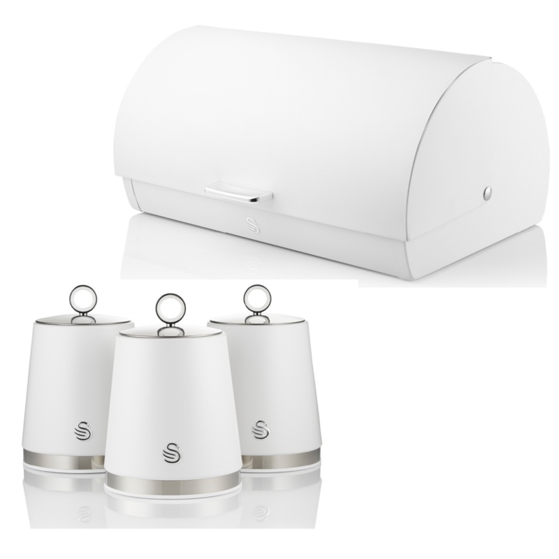 Swan Serenity Bread Bin & Tea, Coffee, Sugar Canisters in White with Polished Stainless Steel Accents