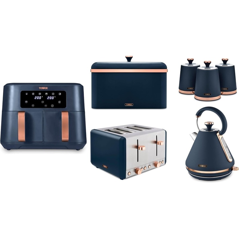 Tower Cavaletto 1.7L 3KW Pyramid Kettle, 4 Slice Toaster, 8L Dual Basket Air Fryer, Bread Bin & Canisters Midnight Blue & Rose Gold