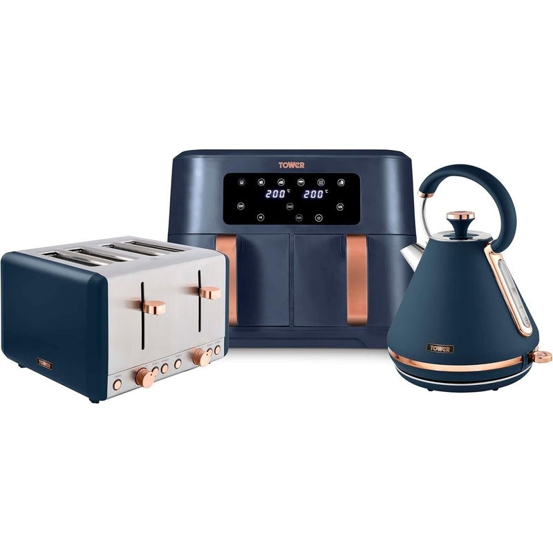 Tower Cavaletto 1.7L 3KW Pyramid Kettle, 4 Slice Toaster & 8L Dual Basket Air Fryer Matching Set in Midnight Blue & Rose Gold