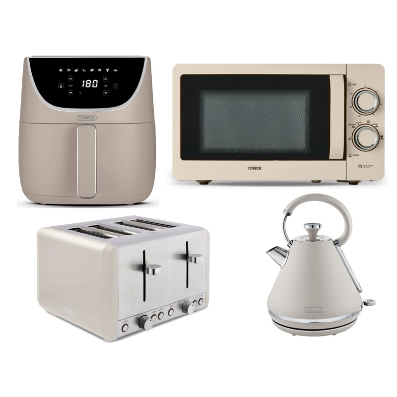 Tower Cavaletto Latte 1.7L 3KW Pyramid Kettle, 4 Slice Toaster, 800W 20L Manual Microwave & 6L Digital Air Fryer. Contemporary Matching Kitchen Set
