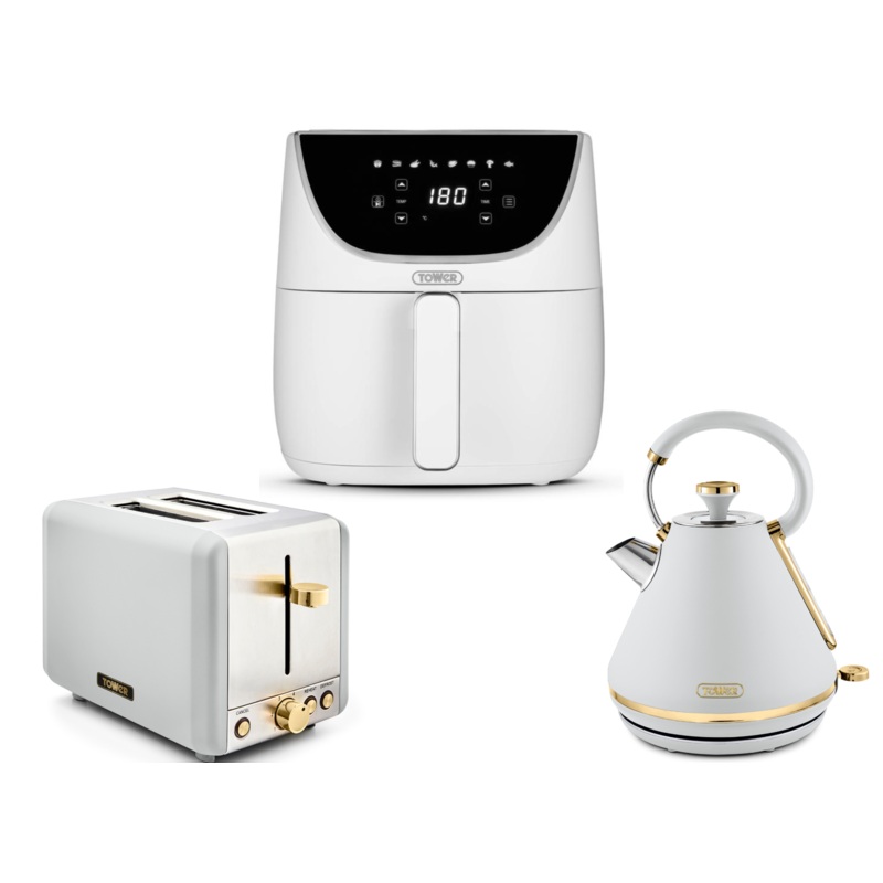 Tower Cavaletto White 1.7L 3KW Pyramid Kettle, 2 Slice Toaster & 6L Vortx Air Fryer. Contemporary Matching Kitchen Set