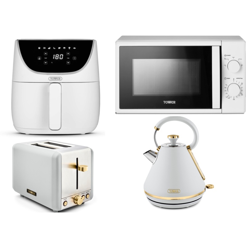 Tower Cavaletto White 1.7L 3KW Pyramid Kettle, 2 Slice Toaster, T24034WHT 700W 20L Manual Microwave & T17127WHT Vortx Air Fryer Matching Set