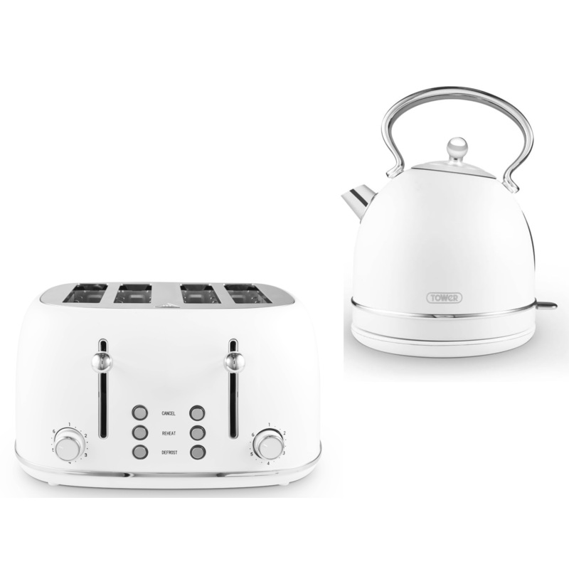 Tower Heritage 1.7L 3KW Dome Kettle & 4 Slice Toaster Set in White & Chrome