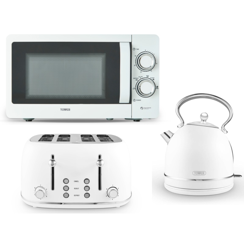 Tower Heritage White 1.7L 3KW Dome Kettle, 4 Slice Toaster & 20L 800W Manual Microwave Matching Kitchen Set
