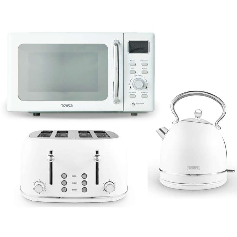 Tower Heritage White 1.7L 3KW Dome Kettle, 4 Slice Toaster & 800W 20L Digital Microwave Kitchen Set