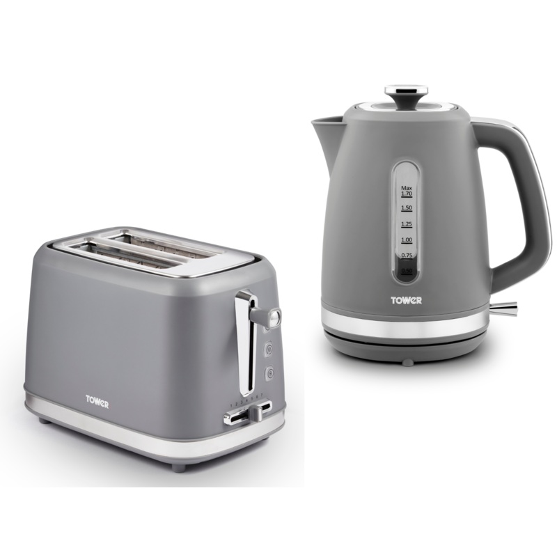 Tower Odyssey Grey Kettle & Toaster Matching Kitchen Set in Grey/Chrome Accents