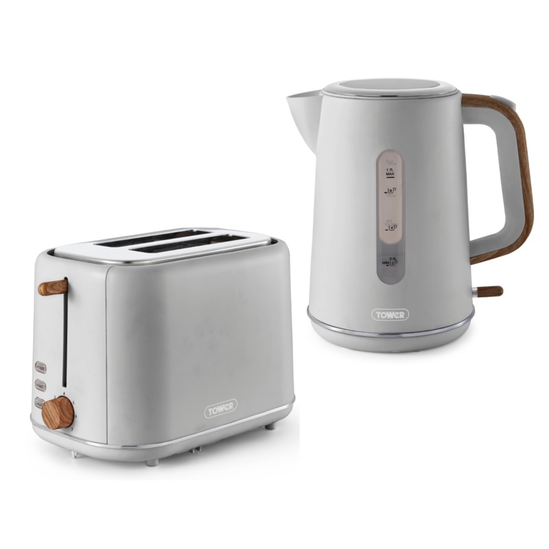 Tower Scandi 3KW 1.7L Kettle & 2 Slice Toaster in Dove Grey with Wooden Accents. Contemporary Matching Kettle & Toaster Set