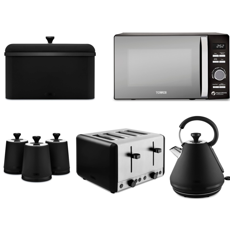Tower Sera 1.7L 3KW Pyramid Kettle, 4 Slice Toaster, 800W 20L Renaissance Microwave, Sera Breadbin & Canisters Matching Kitchen Set of 7