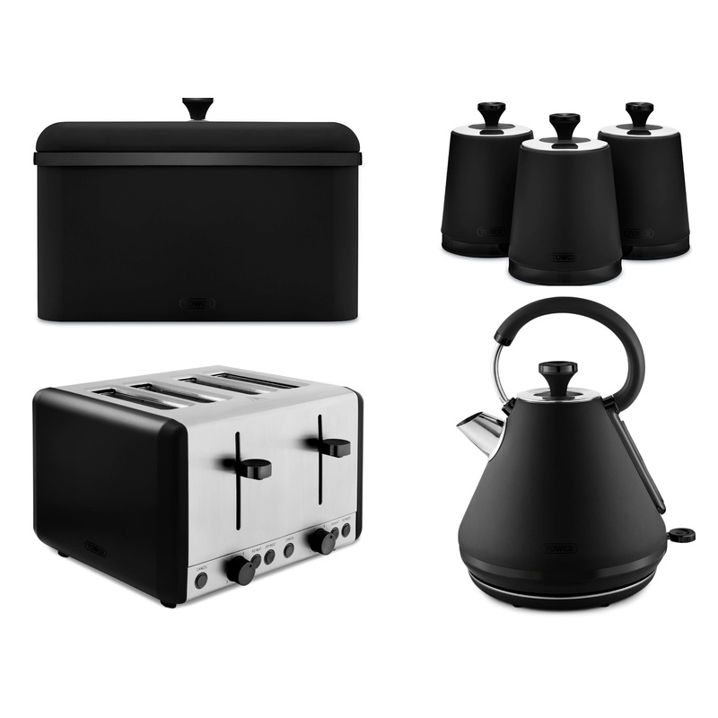 Tower Sera 1.7L 3KW Pyramid Kettle, 4 Slice Toaster, Breadbin & Tea, Coffee, Sugar Canisters Matching Set in Black with Smoked Trim