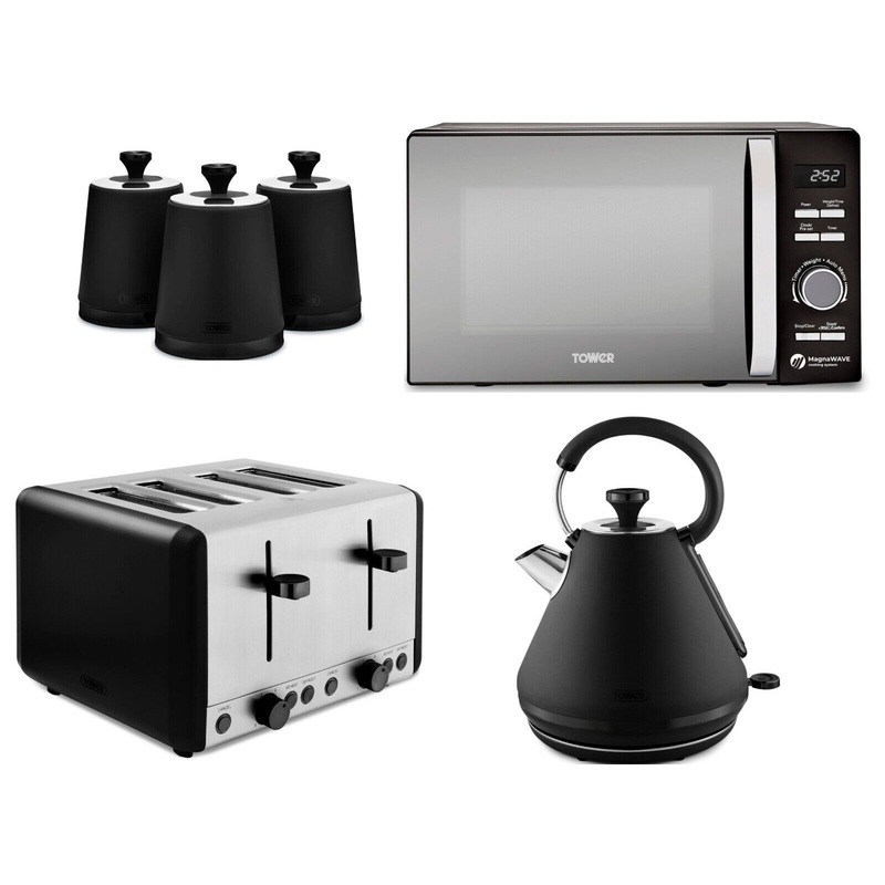 Tower Sera 1.7L 3KW Pyramid Kettle, 4 Slice Toaster, Canisters & Microwave Matching Kitchen Set in Black