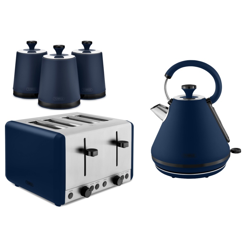 Tower Sera 1.7L 3KW Pyramid Kettle, 4 Slice Toaster & Tea, Coffee, Sugar Canisters Matching Set in Midnight Blue with Smoked Black Trim