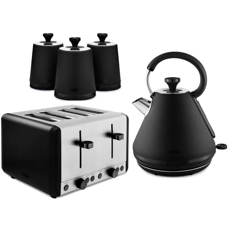 Tower Sera 1.7L Kettle, 4 Slice Toaster & Tea, Coffee, Sugar Canisters Matching Kitchen Set Of 5 in Black