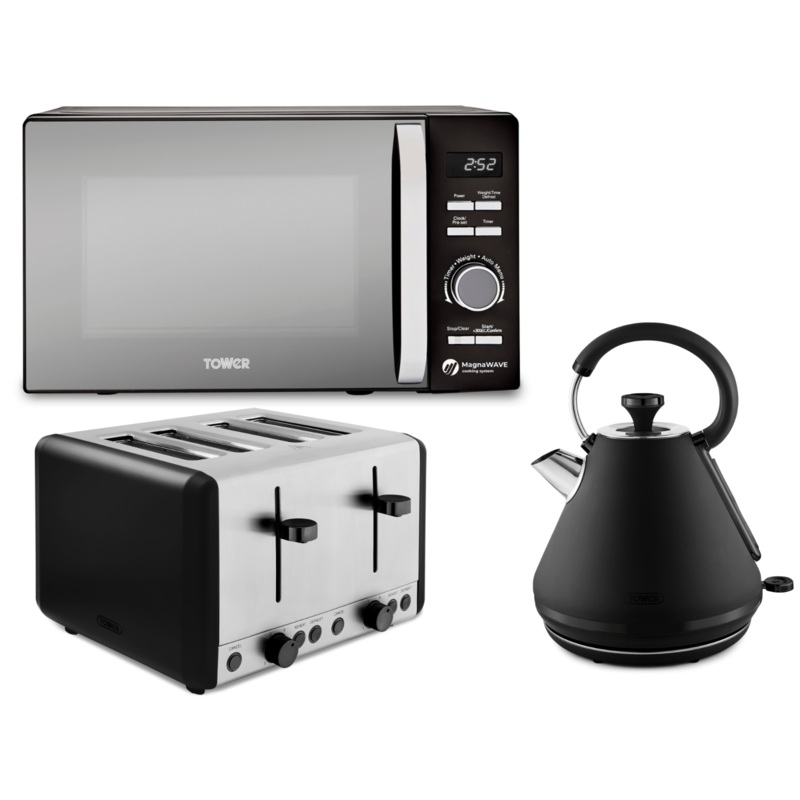 Tower Sera Black 1.7L 3KW Pyramid Kettle, 4 Slice Toaster & Renaissance 20L 800W Microwave Matching Set