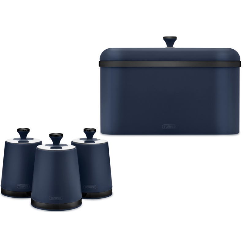 Tower Sera Breadbin & Set of 3 Canisters Matching Kitchen Storage Set in Midnight Blue with Black Smoked Trim