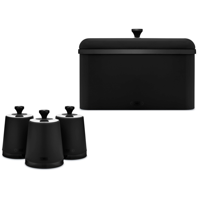 Tower Sera Breadbin & Tea Coffee Sugar Canisters Matching Kitchen Storage Set in Black with Smoked Black Trim