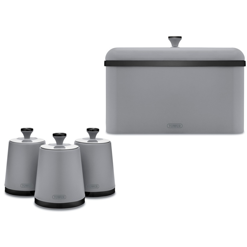 Tower Sera Breadbin & Tea Coffee Sugar Canisters Matching Kitchen Storage Set in Grey with Smoked Black Trim