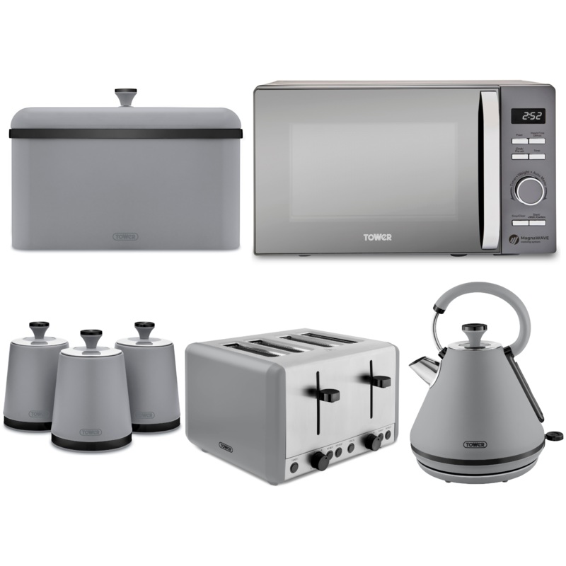 Tower Sera Grey 1.7L 3KW Pyramid Kettle, 4 Slice Toaster, 800W 20L Renaissance Microwave, Sera Breadbin & Canisters Matching Kitchen Set of 7
