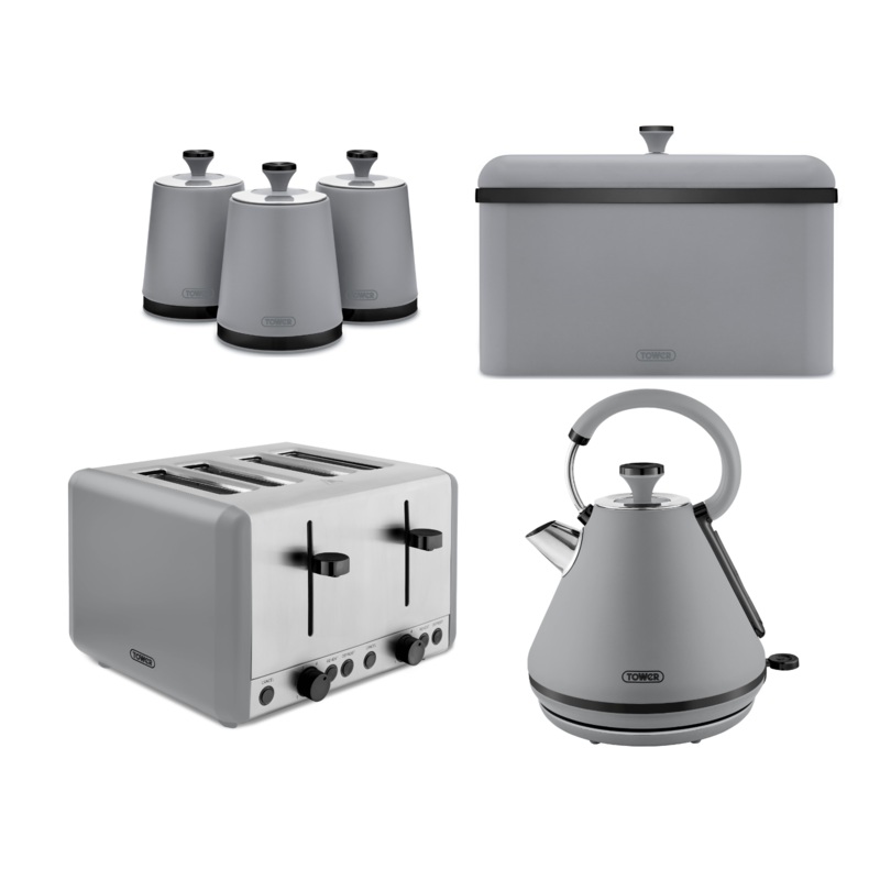 Tower Sera Grey 1.7L 3KW Pyramid Kettle, 4 Slice Toaster, Breadbin & Canisters Matching Set
