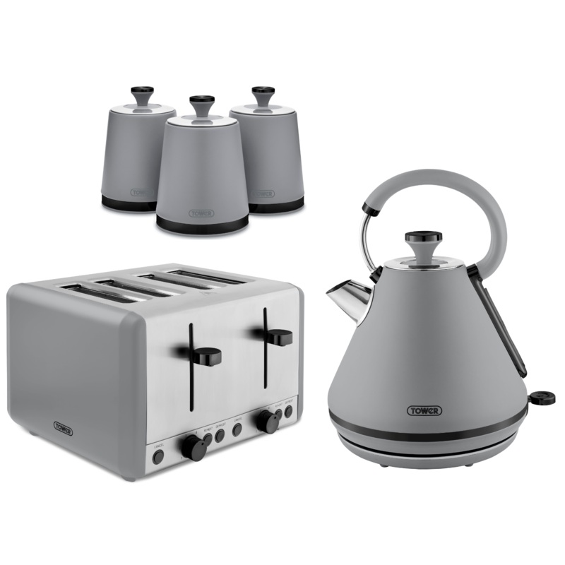 Tower Sera Grey 1.7L 3KW Pyramid Kettle, 4 Slice Toaster & Canisters Matching Kitchen Set