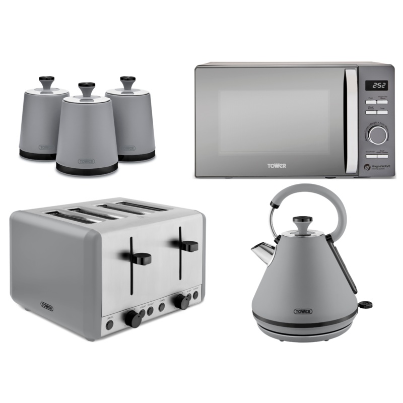 Tower Sera Grey 1.7L 3KW Pyramid Kettle, 4 Slice Toaster, Canisters plus 800W 20L Renaissance Microwave Matching Kitchen Set