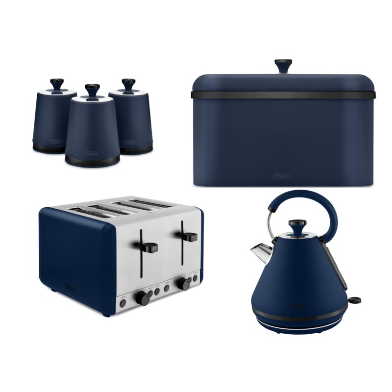 Tower Sera Midnight Blue 1.7L 3KW Kettle, 4 Slice Toaster, Bread Bin & Canisters Matching Kitchen Set
