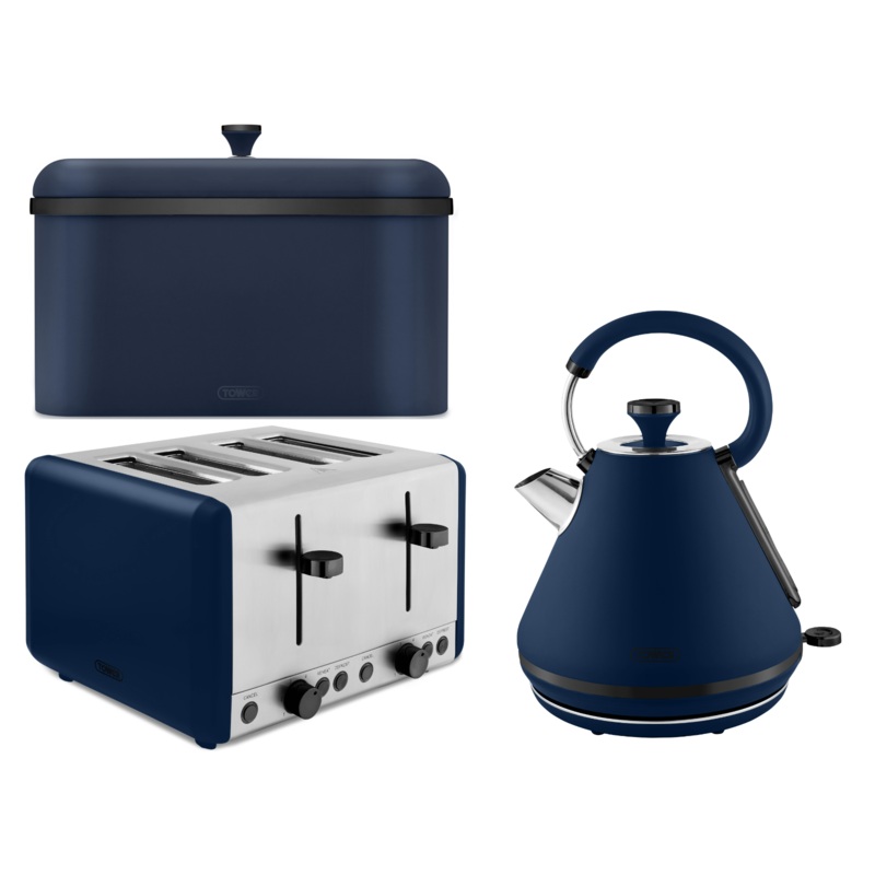 Tower Sera Midnight Blue 1.7L 3KW Pyramid Kettle, 4 Slice Toaster & Bread Bin Matching Kitchen Set