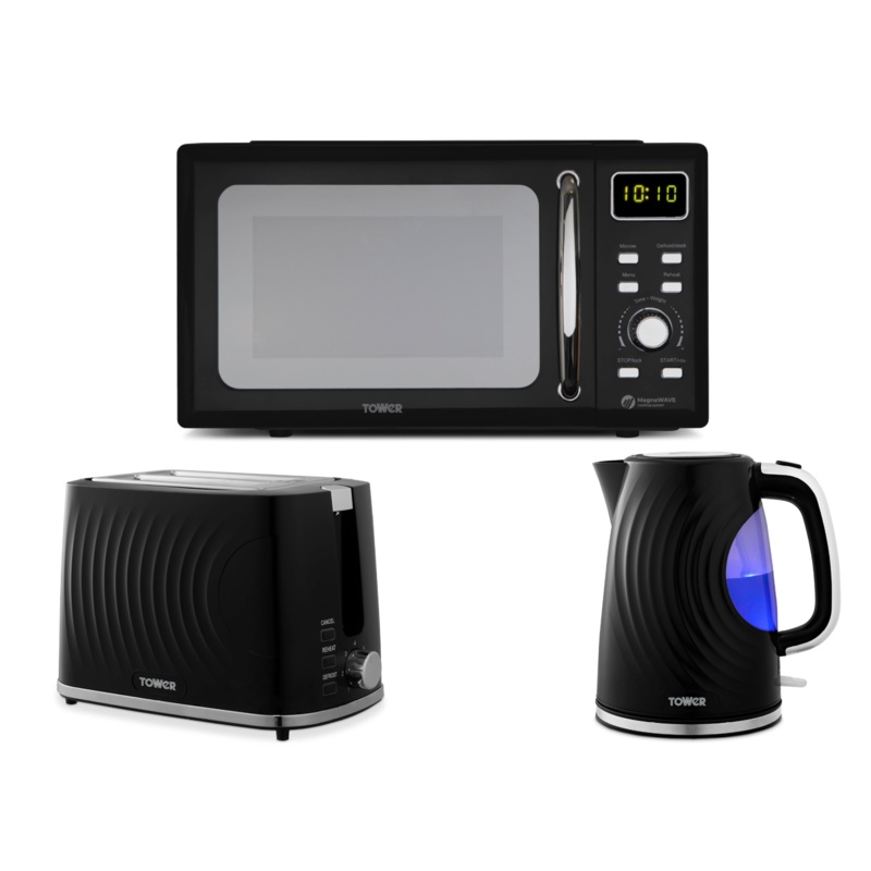 Tower Sonar Black 1.7L 3KW Kettle, 2 Slice Toaster & 800W 20L Digital Microwave Matching Set