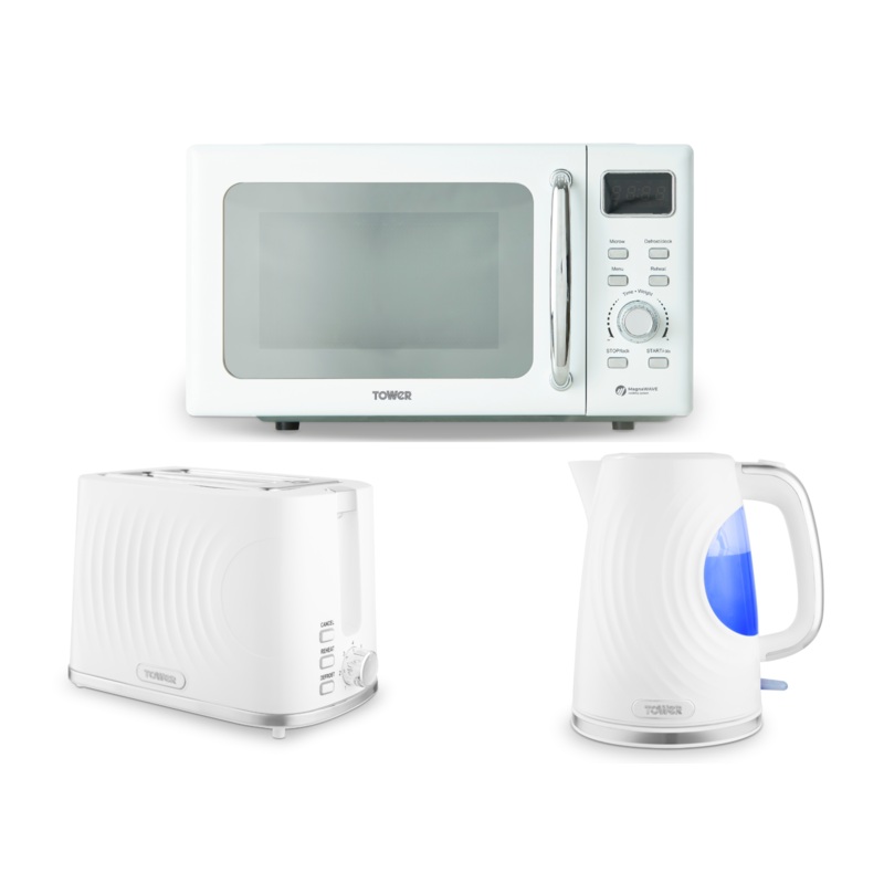 Tower Sonar White 1.7L 3KW Kettle, 2 Slice Toaster & 800W 20L Digital Microwave Matching Set