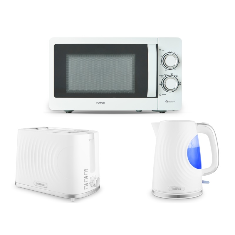 Tower Sonar White 1.7L 3KW Kettle, 2 Slice Toaster & 800W 20L Manual Microwave Matching Kitchen Set