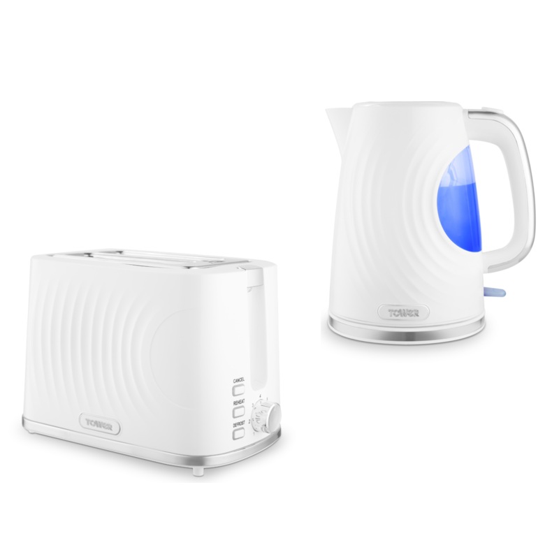 Tower Sonar White 1.7L 3KW Kettle & 2 Slice Toaster Matching Set with Chrome Accents & Stylish Ripple Design