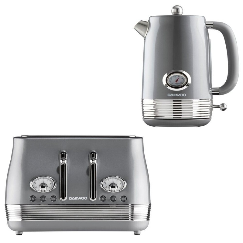 Daewoo Denver Grey 1.5L 3KW Kettle & 4 Slice Toaster Matching Set in Smoked Grey