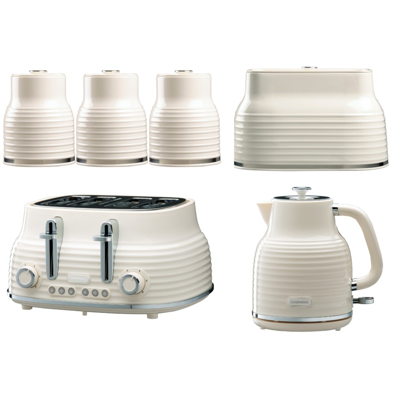 Daewoo Sienna Cream 1.7L Jug Kettle, 4 Slice Toaster, Breadbin and Canisters Matching Kitchen Set