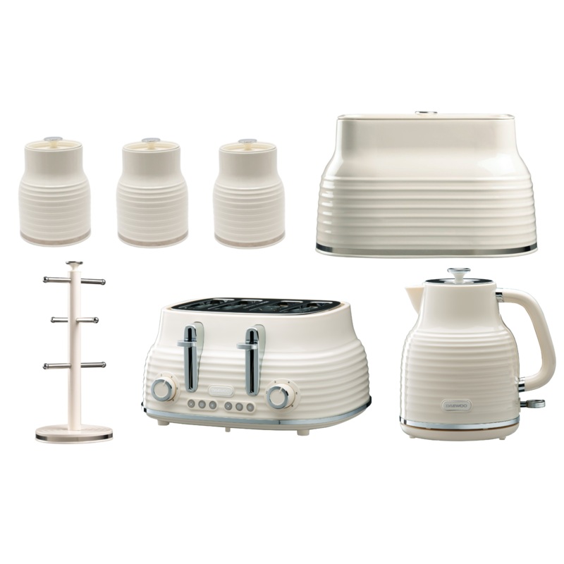 Daewoo Sienna Cream 1.7L Jug Kettle, 4 Slice Toaster, Breadbin, Canisters & Mug Tree Kitchen Set