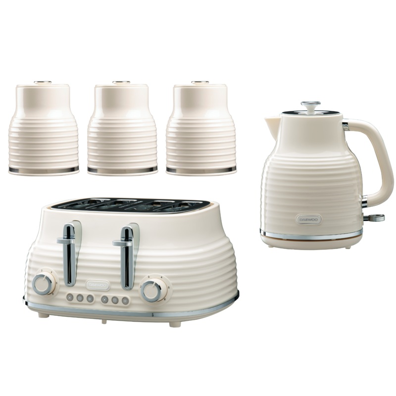 Daewoo Sienna Cream  1.7L Jug Kettle, 4 Slice Toaster & Canisters Matching Kitchen Set