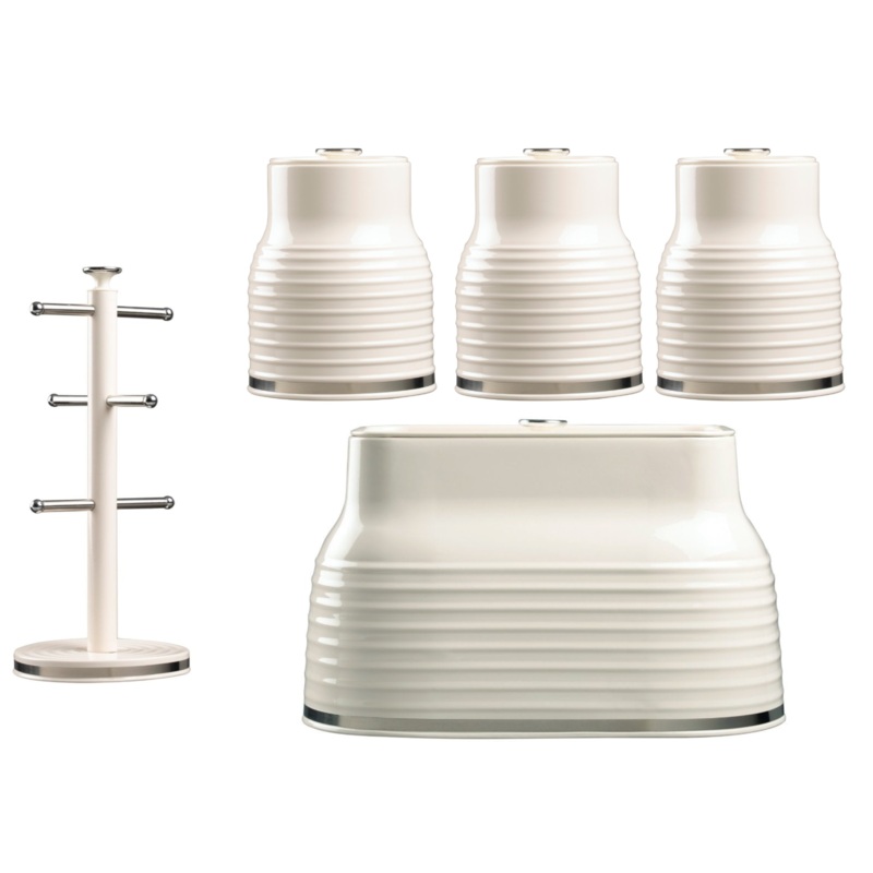 Daewoo Sienna Cream Breadbin, 3 Canisters & Mug Tree Kitchen Storage Set