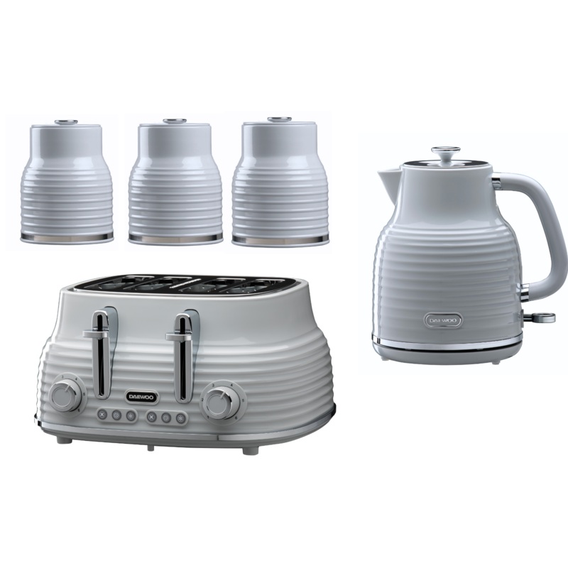 Daewoo Sienna Grey 1.7L Jug Kettle, 4 Slice Toaster & 3 Canisters Matching Kitchen Set