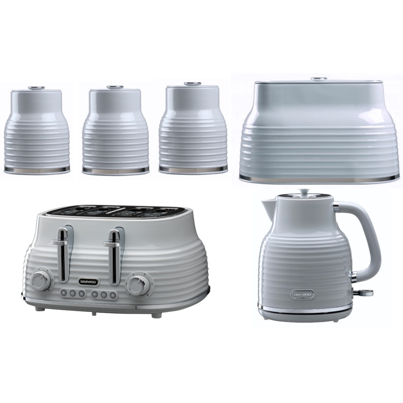 Daewoo Sienna Grey  1.7L Jug Kettle, 4 Slice Toaster, Breadbin & Canisters Matching Kitchen Set