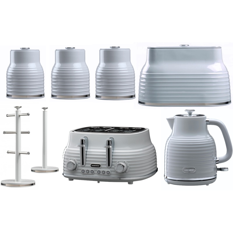 Daewoo Sienna Grey 1.7L Jug Kettle, 4 Slice Toaster, Breadbin, Canisters Mug Tree & Towel Pole Set