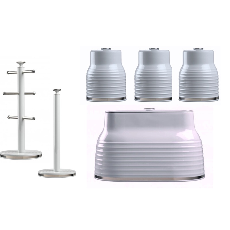 Daewoo Sienna Grey Breadbin, 3 Canisters, Mug Tree & Towel Pole Matching Kitchen Storage Set