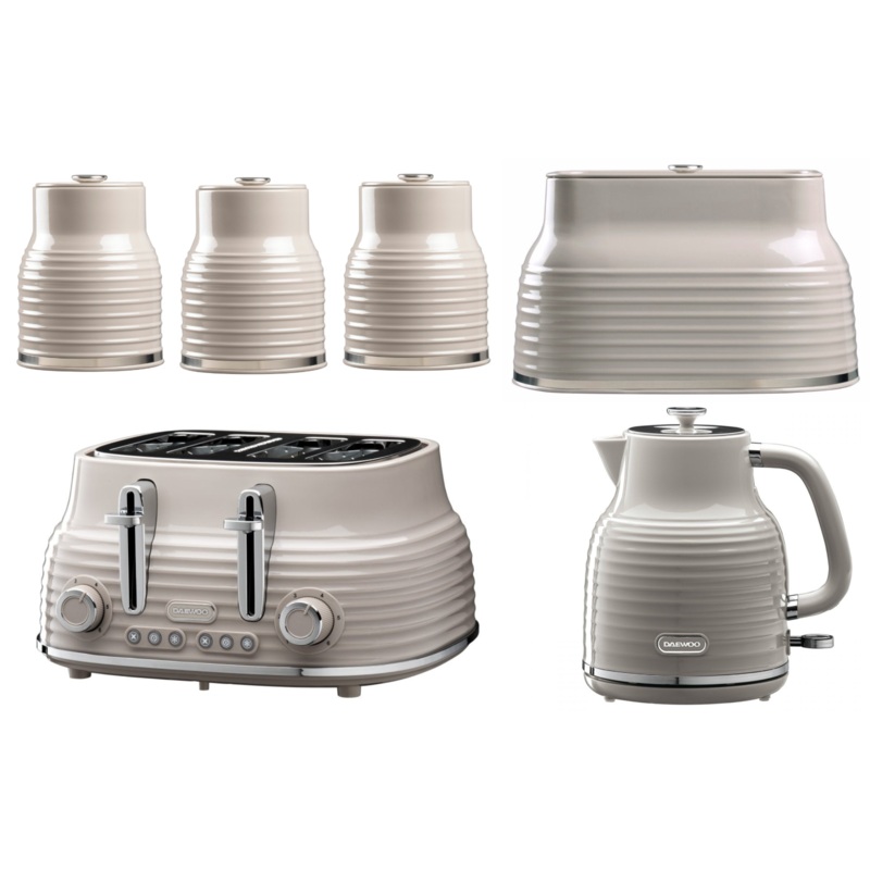 Daewoo Sienna Taupe  1.7L Jug Kettle, 4 Slice Toaster, Breadbin and Canisters Matching Kitchen Set