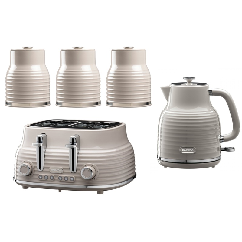 Daewoo Sienna Taupe 1.7L Jug Kettle, 4 Slice Toaster & Canisters Matching Kitchen Set