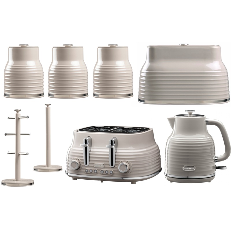 Daewoo Sienna Taupe 1.7L Kettle. 4 Slice Toaster, Breadbin, Canisters Mug Tree & Towel Pole Kitchen Set