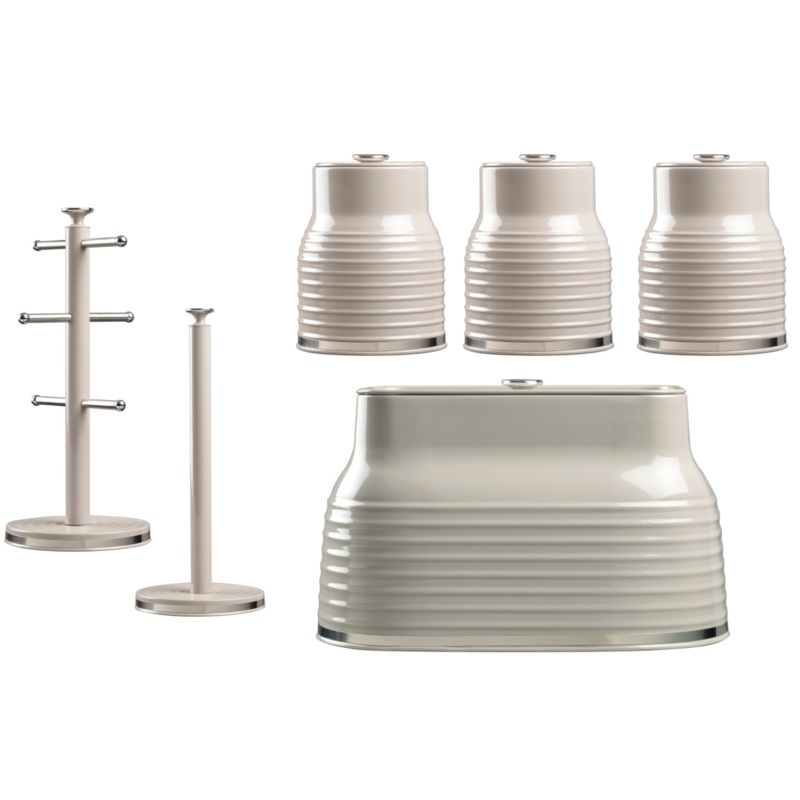 Daewoo Sienna Taupe Breadbin, 3 Canisters Mug Tree & Towel Pole Kitchen Storage Set