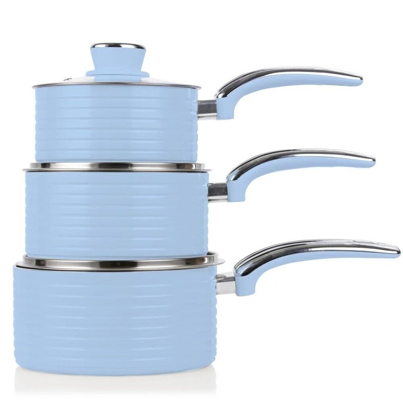 Swan Retro Blue Pan Set - 3 Piece Non Stick Pan Set with Glass Lids - 5 yr Guarantee