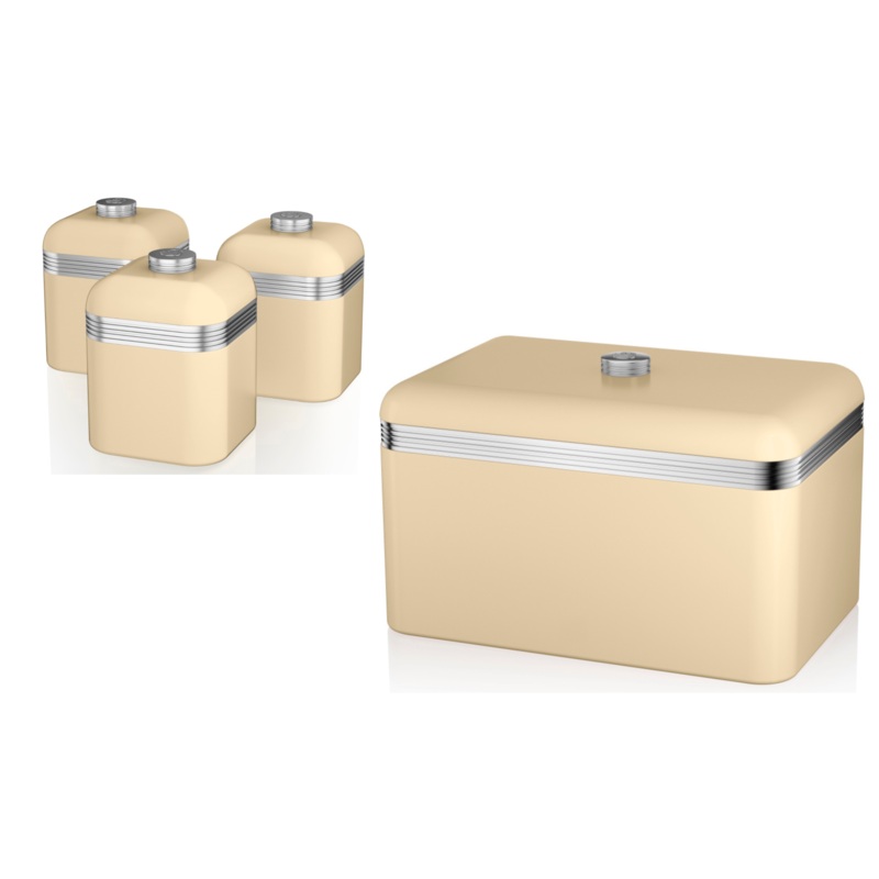 SWAN Retro Cream Breadbin & Tea Coffee Sugar Canisters Kitchen Storage Set