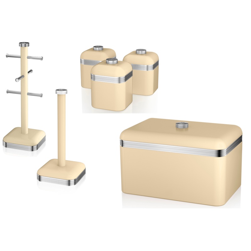 Swan Retro Cream Kitchen Storage Set of 6 including Bread Bin, Tea, Coffee, Sugar Canisters, Mug Tree & Towel Pole