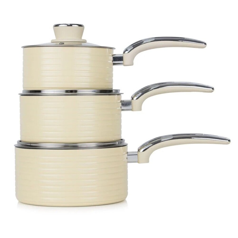 Swan Retro Cream Pan Set - 3 Piece Non Stick Pan Set & Glass Lids - 5 yr Guarantee