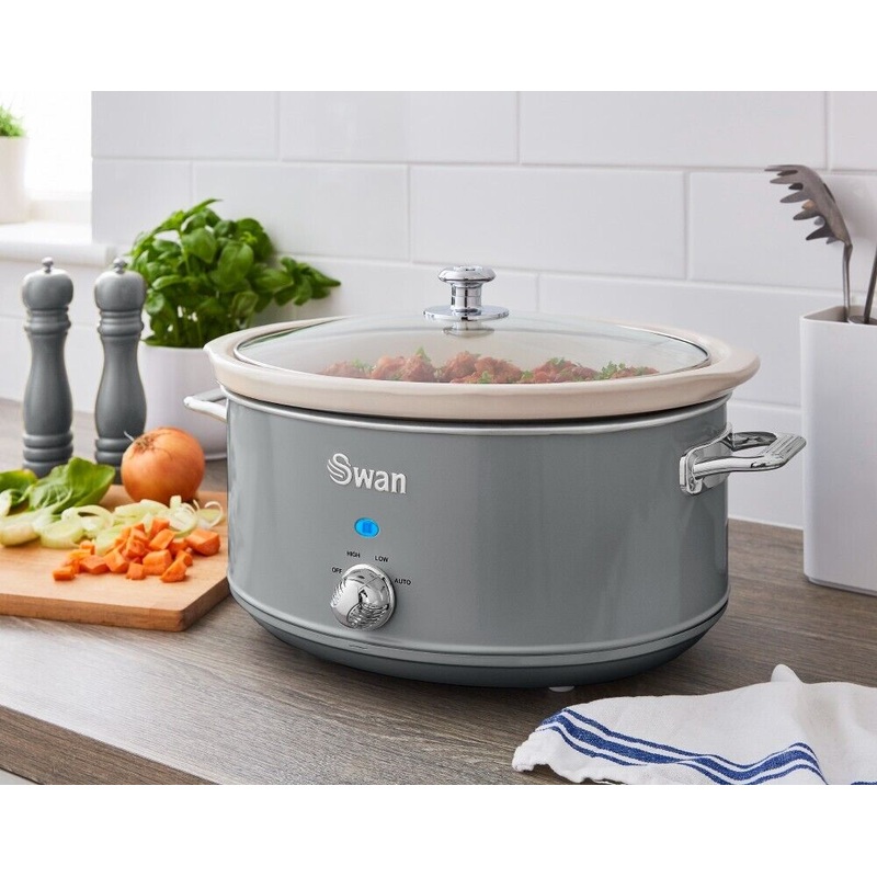 Swan Retro Grey 6.5L Slow Cooker 3 Temp Settings, Keep Warm Function SF17031GRN