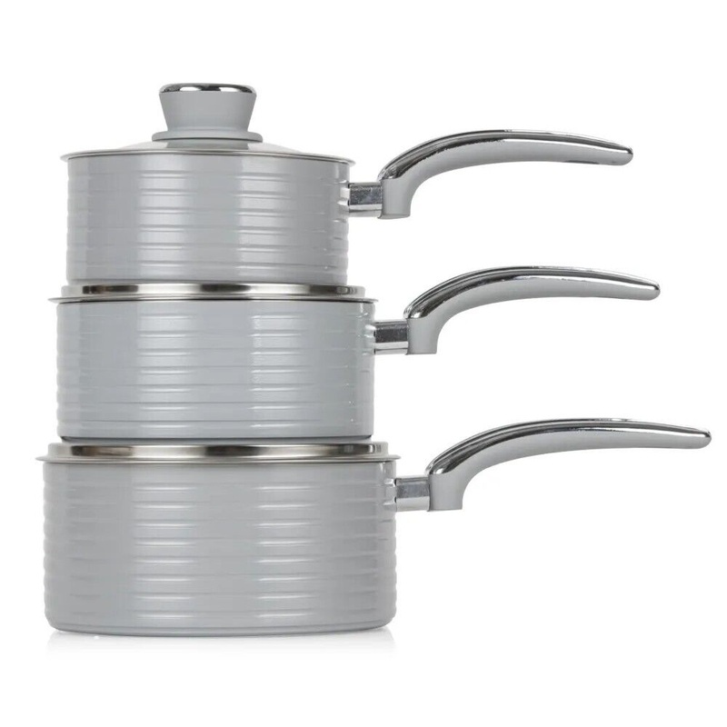 Swan Retro Grey Pan Set - 3 Piece Non Stick Pan Set with Glass Lids - 5 yr Guarantee
